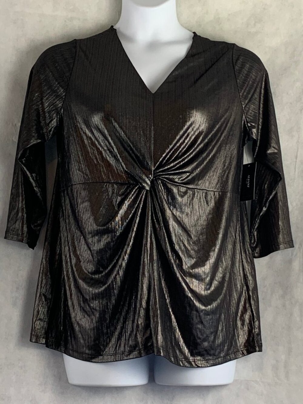 Alfani Women's Plus Size Metallic Twist-Front Top Blouse, Gunmetal